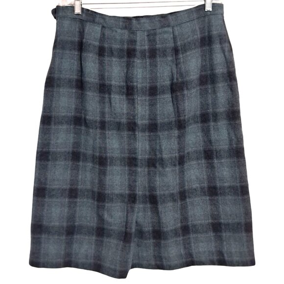 Vintage 70s 80s Blue Plaid Wool A-Line Skirt Side Zip Knee Length W 34" Women - Picture 4 of 8